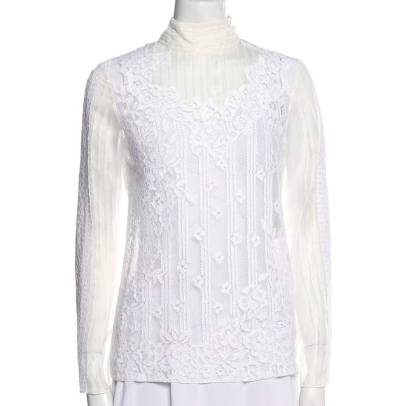 Valentino Pinstrip Lace Trim Mock Neck Blouse - Picture 1 of 3